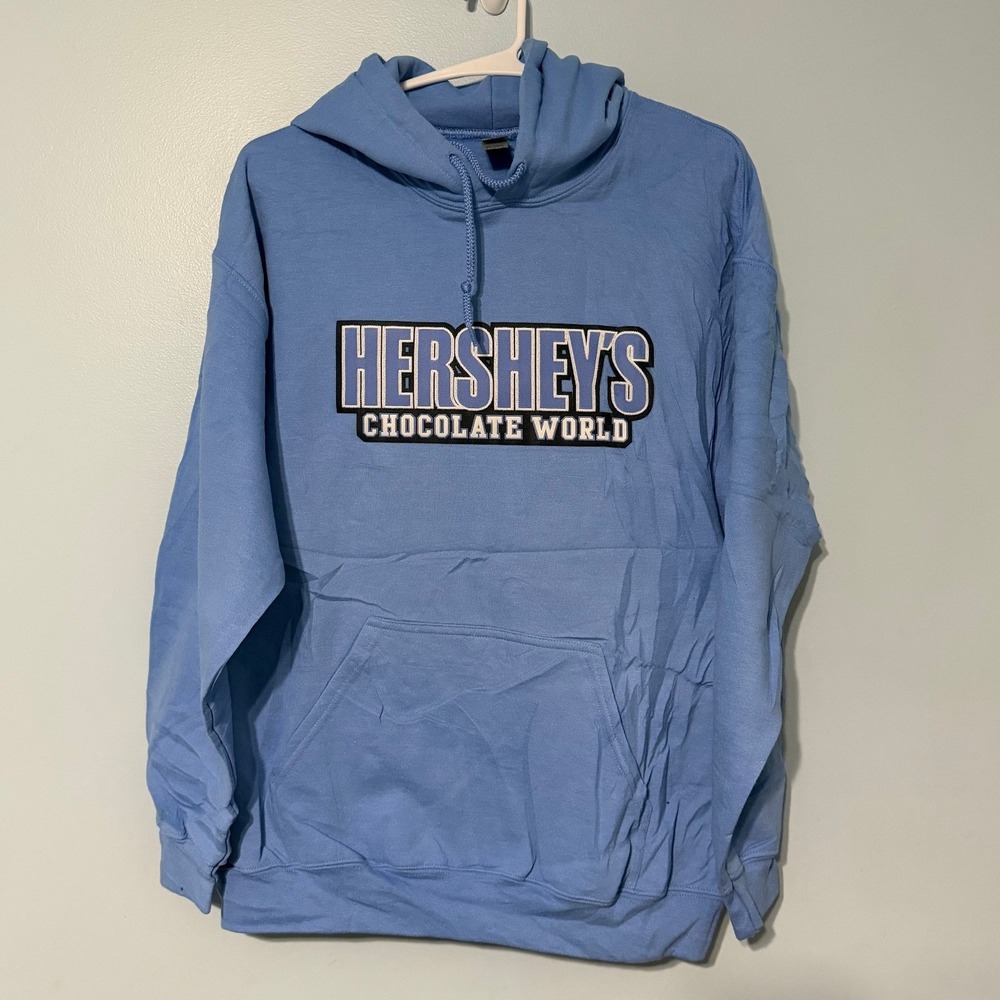 Gildan Hersheys Chocolate World Hoodie Mens M Blue Souvenir Sweatshirt 0943